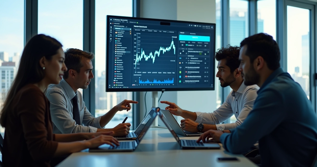 Profissionais brasileiros usando aplicativos de previsão em tablets durante reunião 