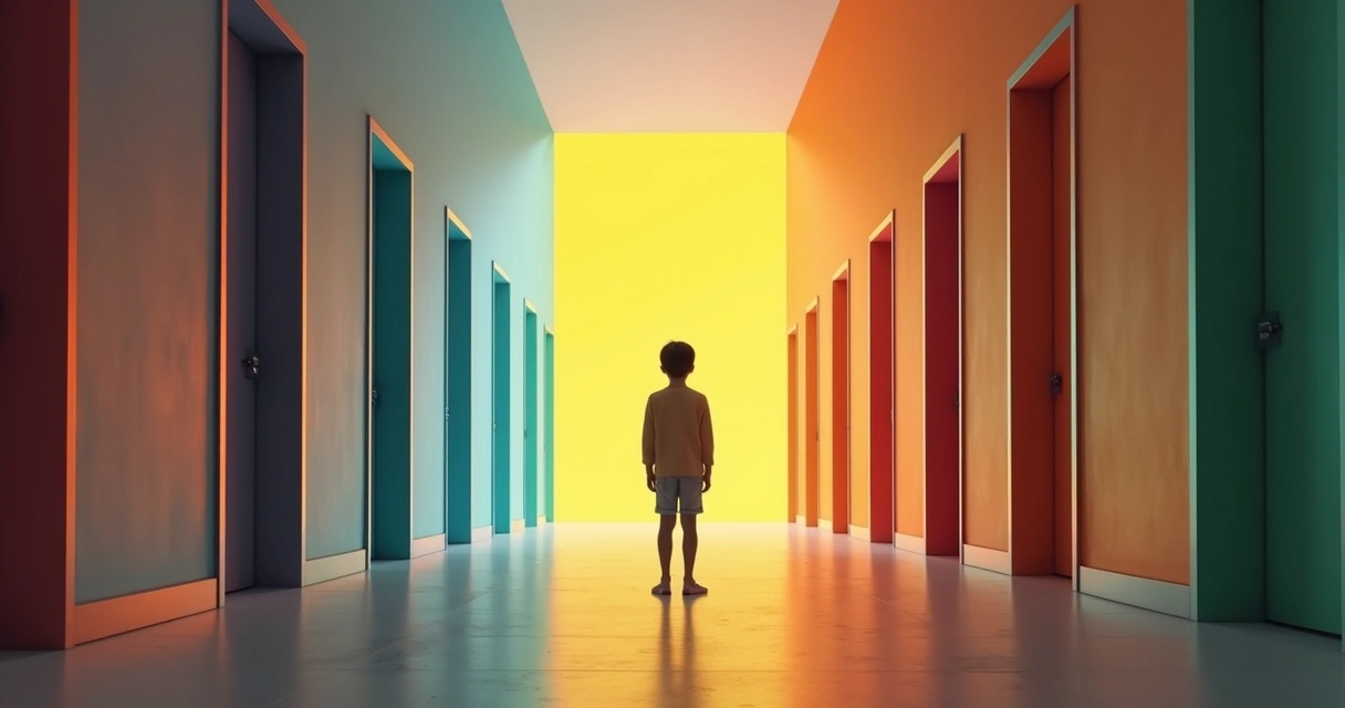 Pessoa diante de várias portas coloridas em corredor iluminado, demonstrando escolhas éticas 