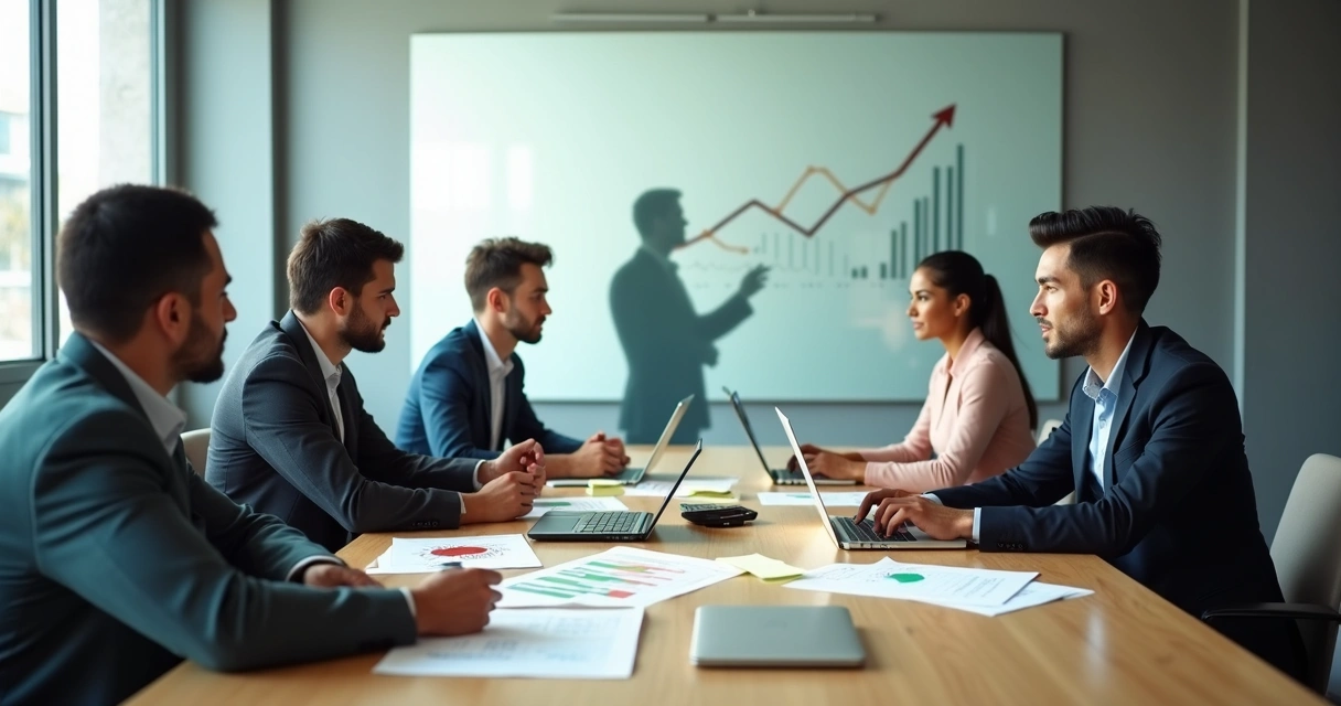 Grupo em reunião financeira com silhuetas e sombras representando influências inconscientes 