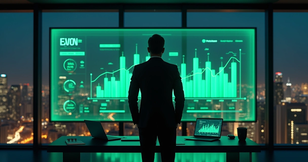 Executivo observando painel digital com gráficos financeiros em alta 