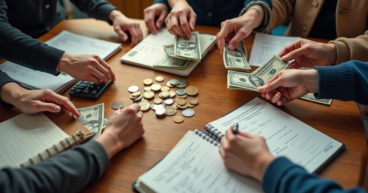 Mesa com cadernos, calculadora, diferentes mãos mostrando ações distintas com dinheiro 