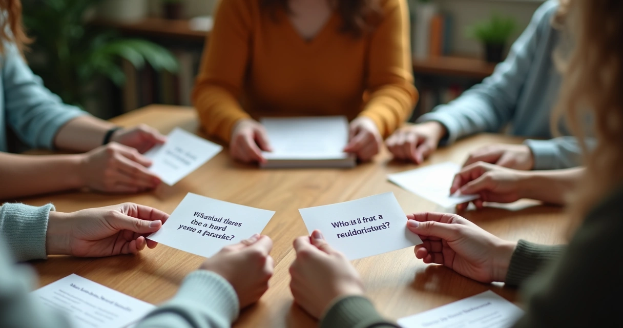 Mesa com cartas de perguntas e pessoas refletindo em grupo 