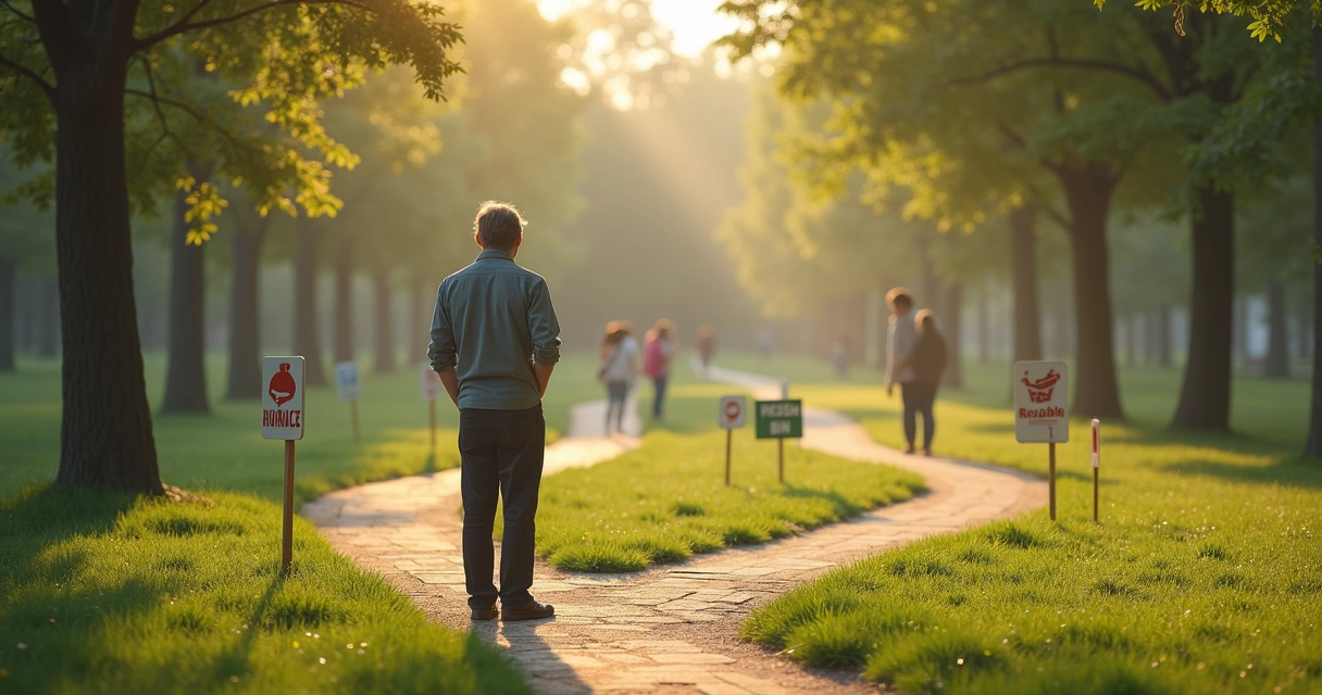 Pessoa olhando para diferentes caminhos em um parque no início da manhã