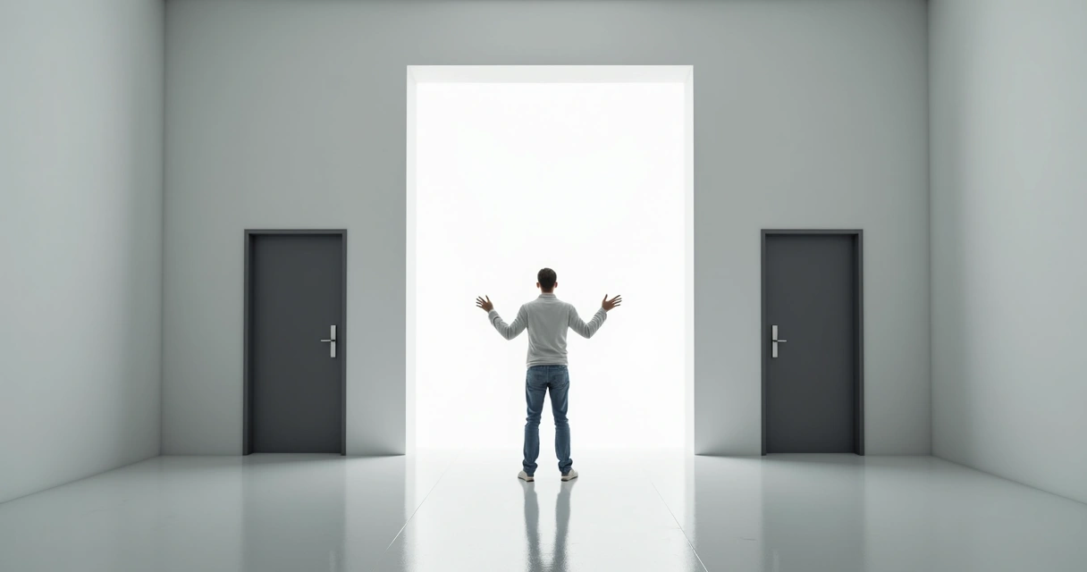 Homem diante de duas portas em ambiente neutro, representando escolha inconsciente