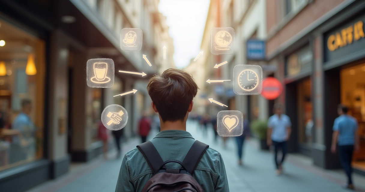 Pessoa olhando vitrines em uma rua movimentada, com elementos sutis representando escolhas sendo feitas