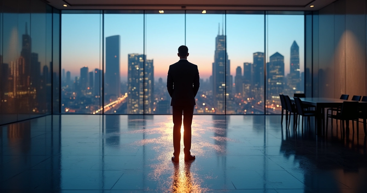 Executivo diante de encruzilhada com silhuetas refletindo escolhas inconscientes 