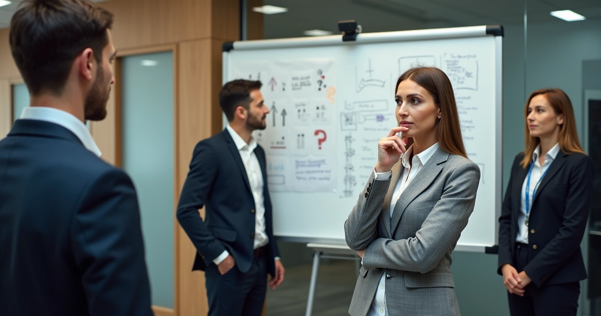 Pessoa diante de quadro branco estratégico, expressando dúvida em ambiente corporativo 