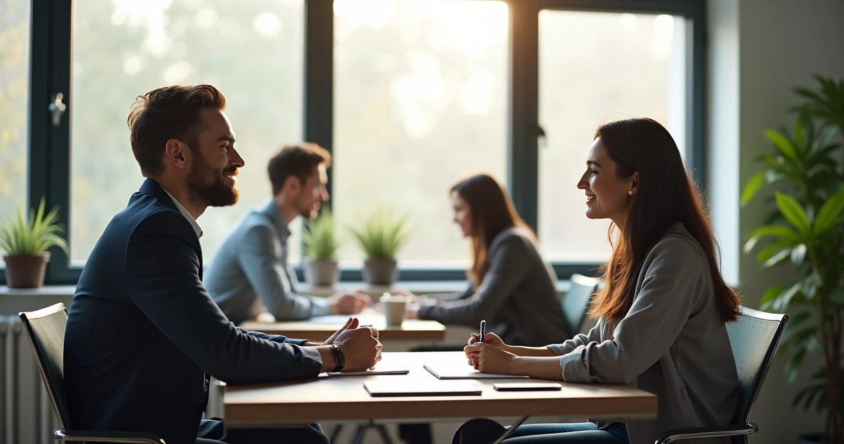 Líder conversando com funcionário em mesa de reunião 