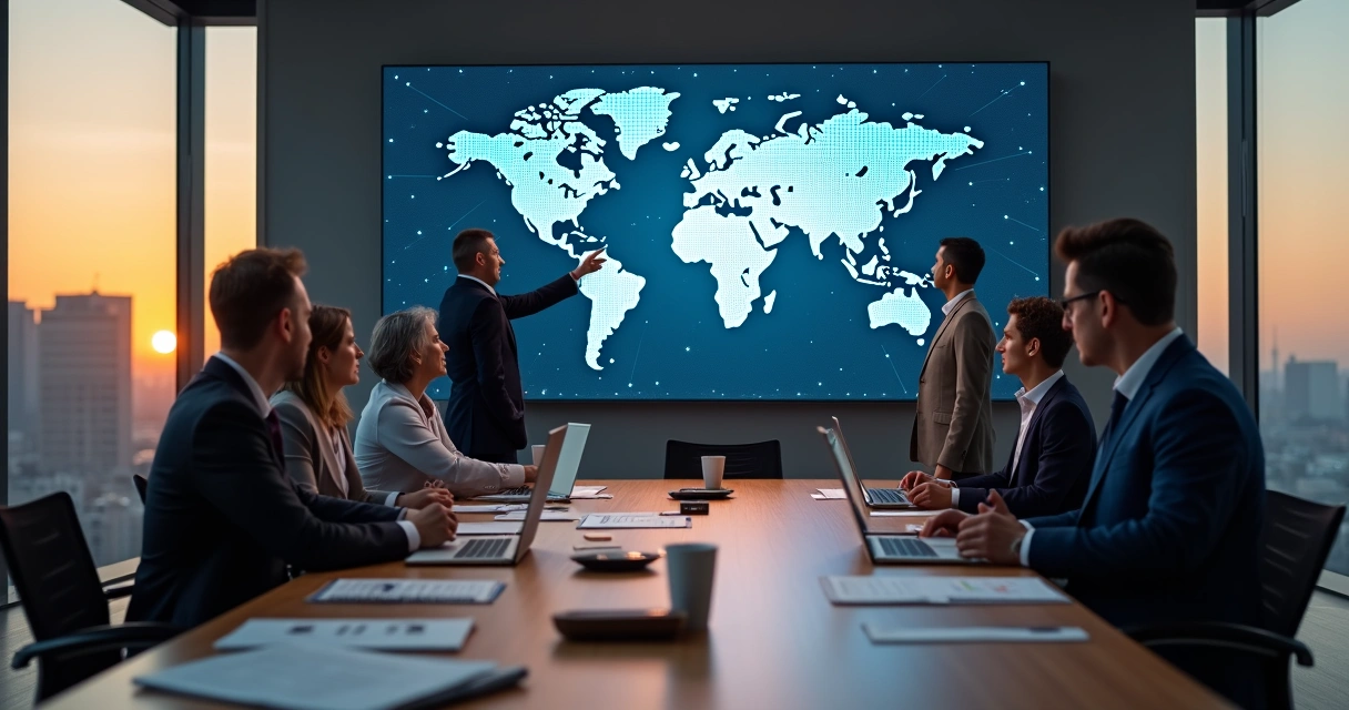 Executivos em reunião observando mapa mundi com conexões globais 