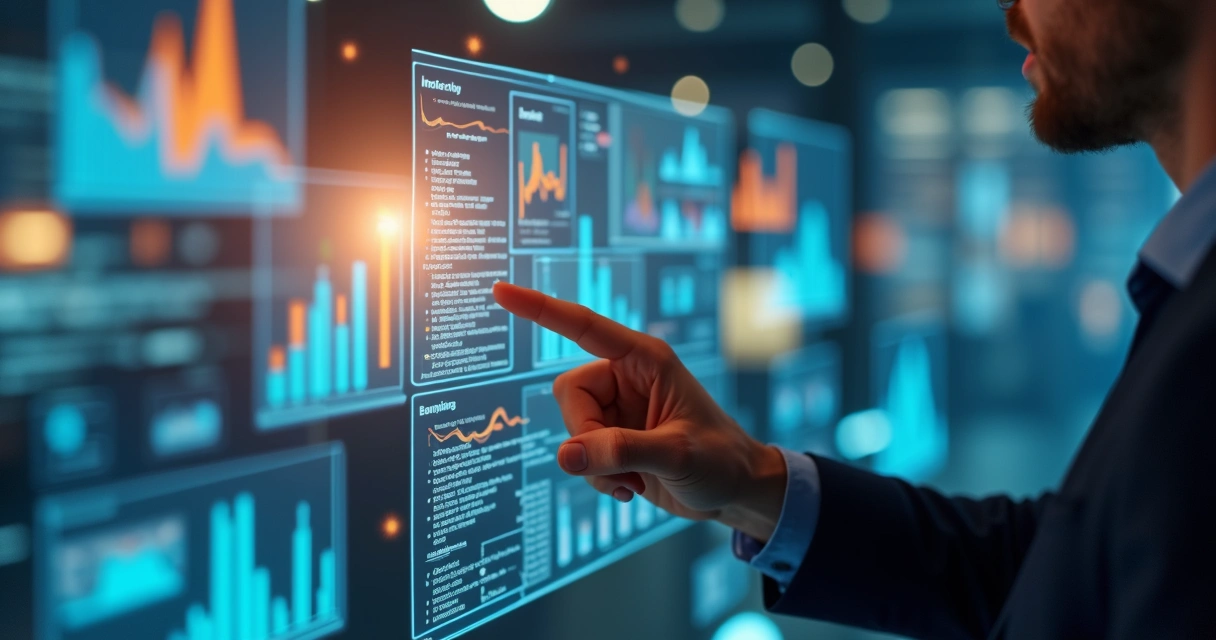 Profissional de marketing analisando gráficos digitais em tela transparente com dados e indicadores ao redor 