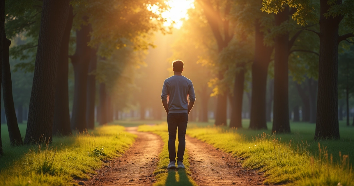 Pessoa escolhendo entre diferentes caminhos em um parque, refletindo sobre suas emoções 