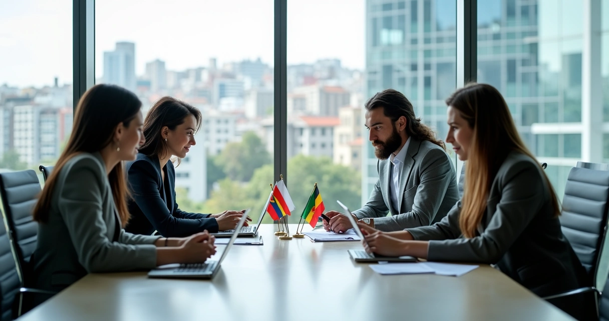 Representantes de diferentes culturas negociando em uma mesa de reunião empresarial 
