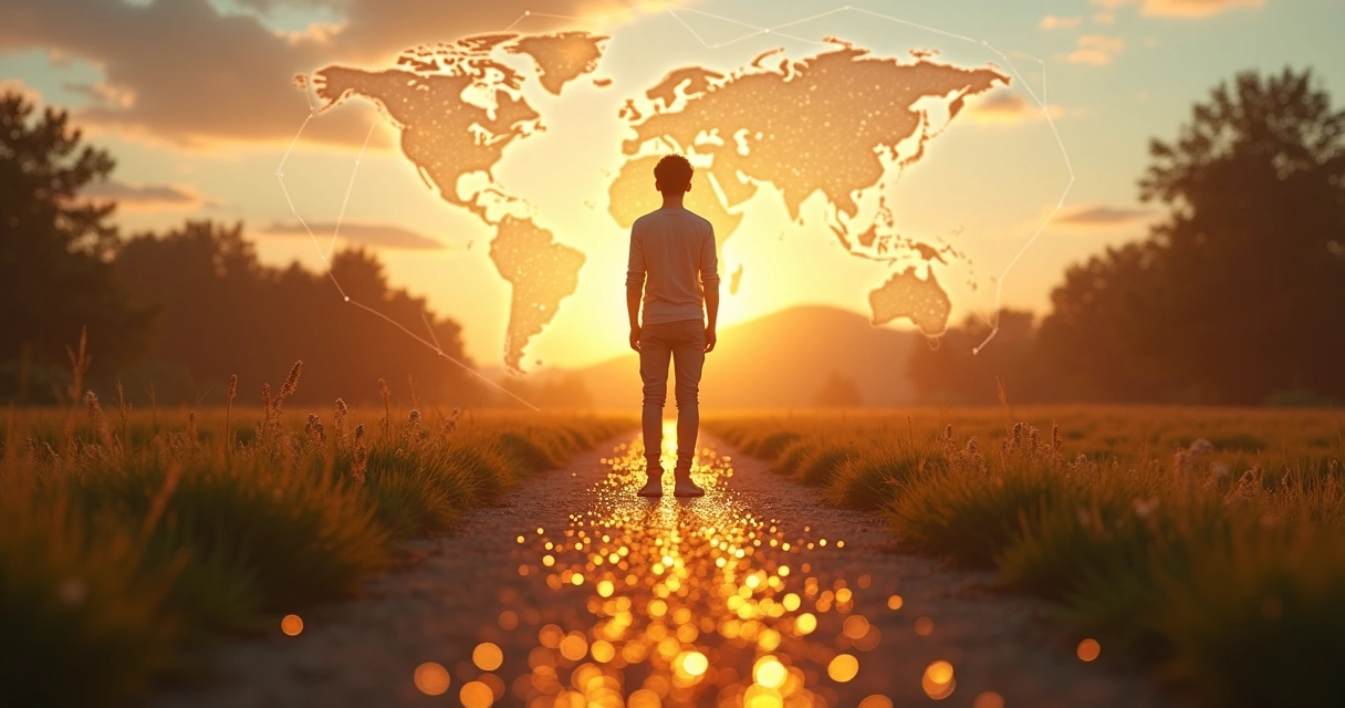 Pessoa em uma encruzilhada com caminhos se transformando em conexão global 