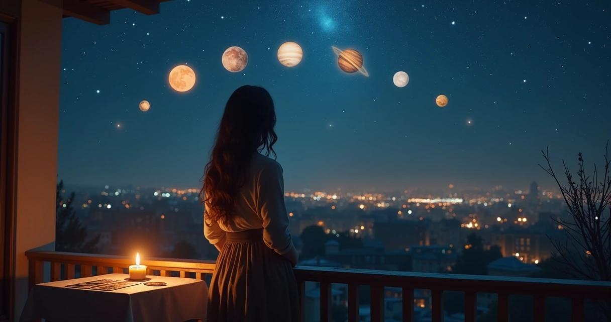 Mulher refletindo sobre decisões olhando para um céu com planetas alinhados