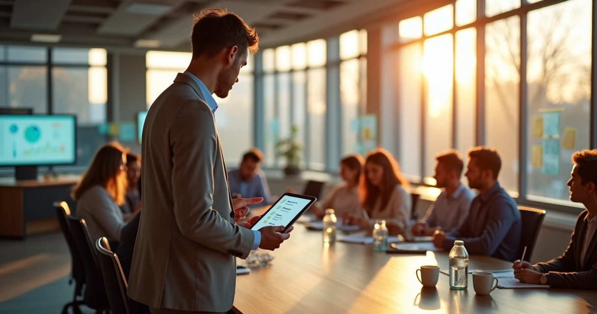 Gestor em reunião tomando decisão sobre bem-estar mental da equipe 
