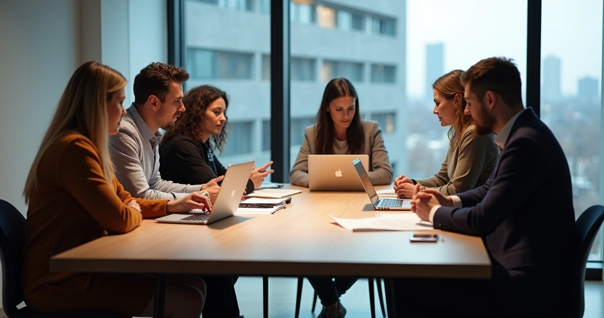 Colegas de trabalho sentados ao redor de uma mesa em reunião, alguns olhando discretamente para outros, clima de tensão leve