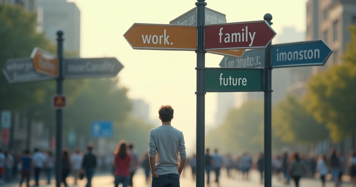 Pessoa diante de várias opções em ambiente urbano, olhando placas de caminhos diferentes 