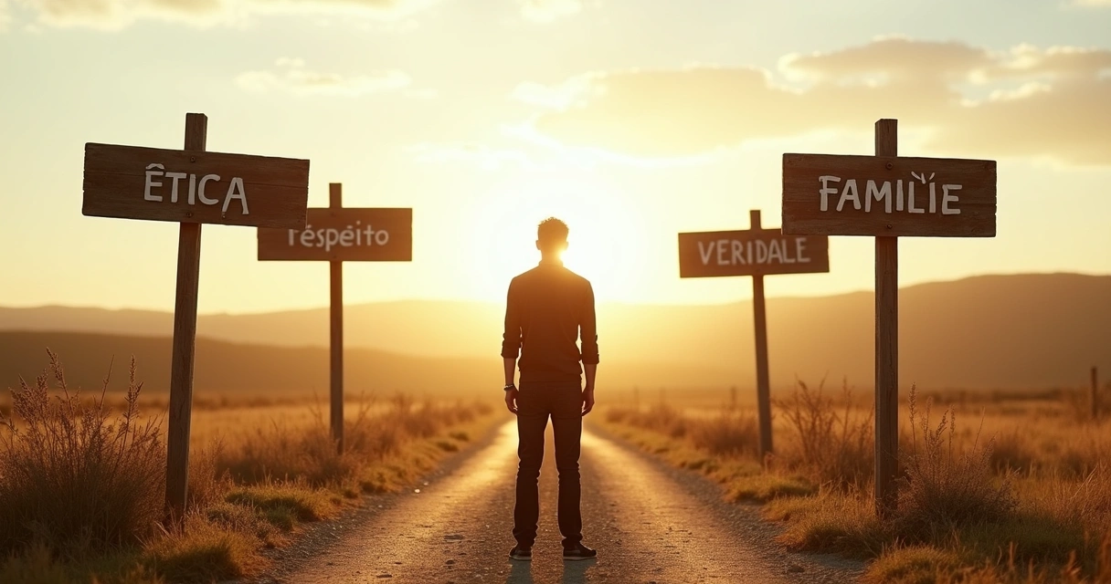 Pessoa olhando para placas de direção com palavras como ética e verdade 