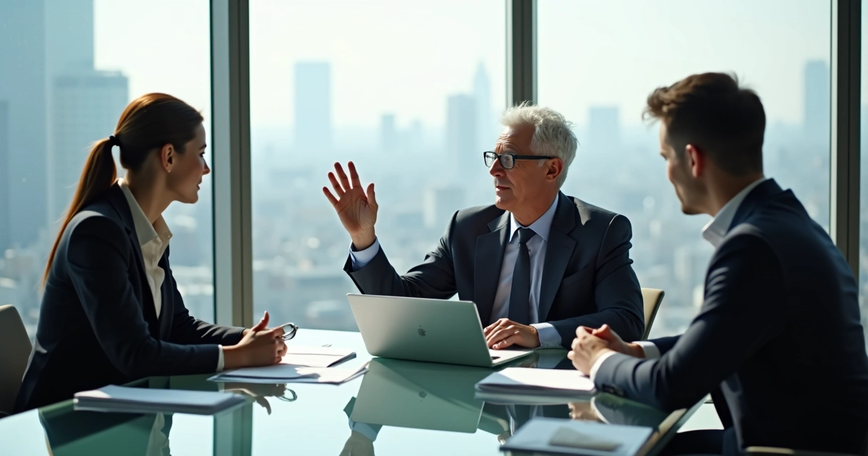 Diretor em sala de reunião decidido em frente a notebook 