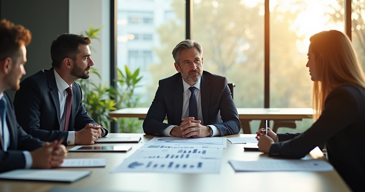 Executivo lendo relatório sobre tomadas de decisão na mesa de reunião. 