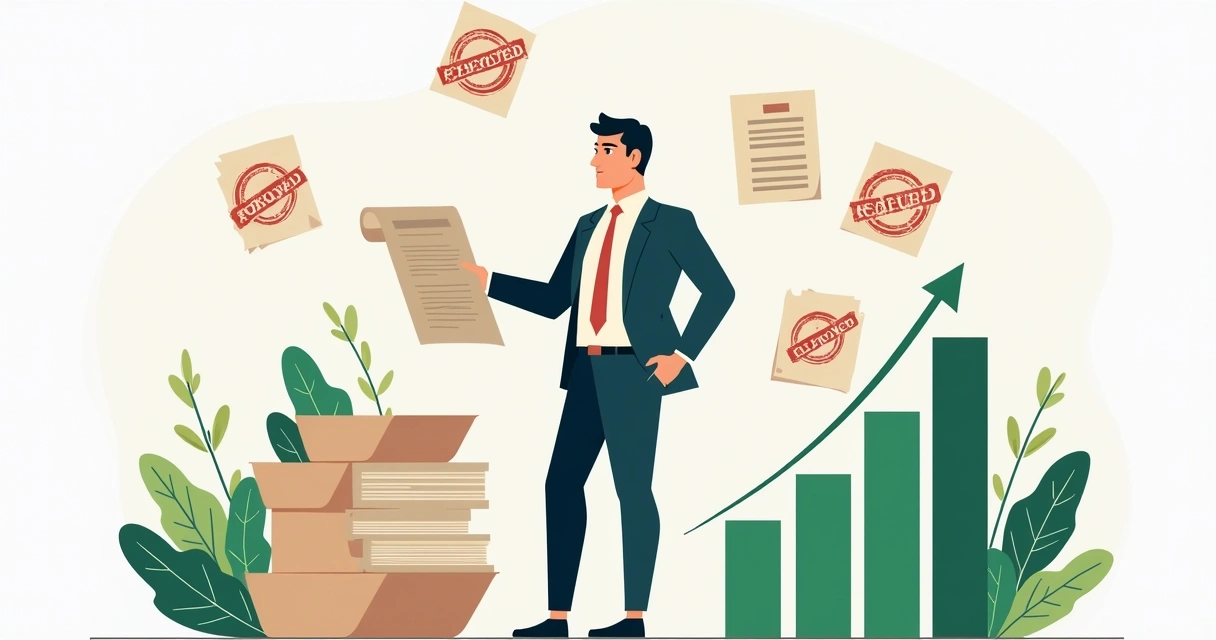 Executivo analisando contrato de vendas com gráficos de aprovação ao redor 