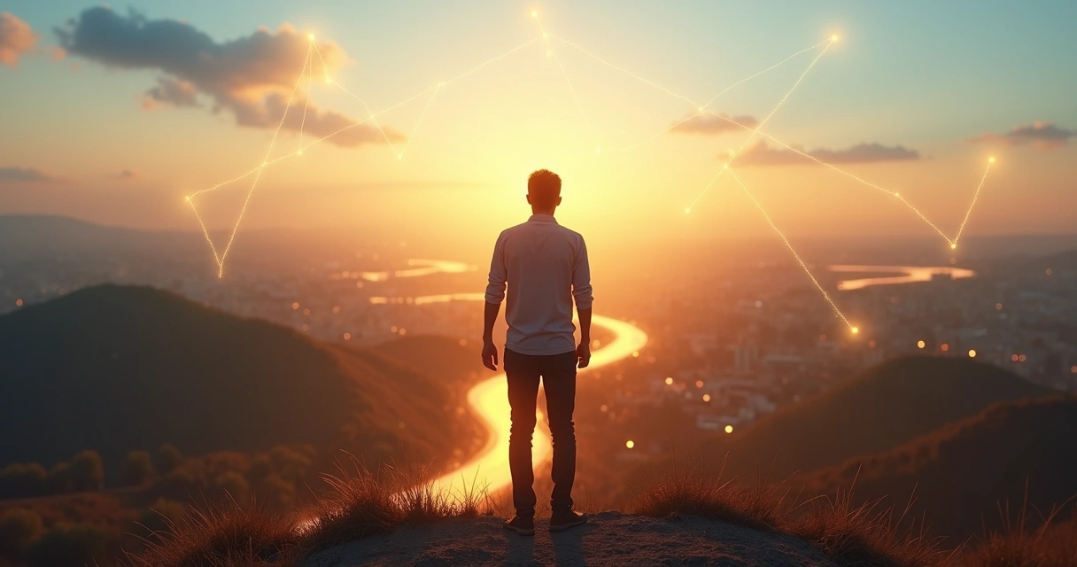 Persona tomando una decisión frente a un cruce de caminos interconectados 