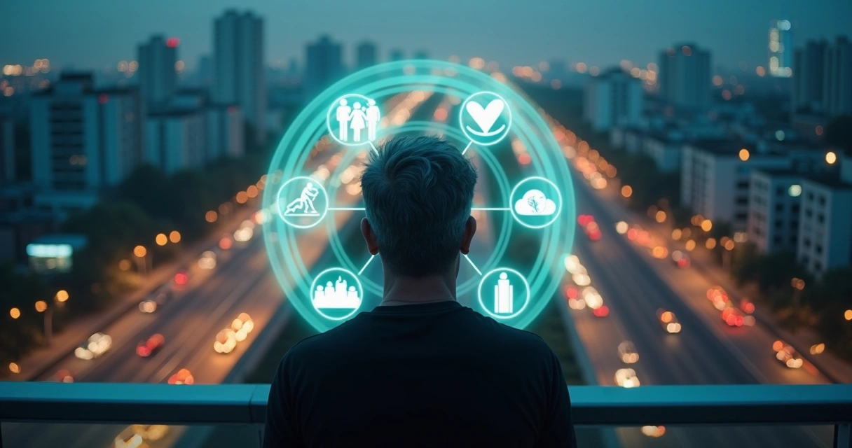 Pessoa observando cidade à noite com mapa mental projetado ao redor 