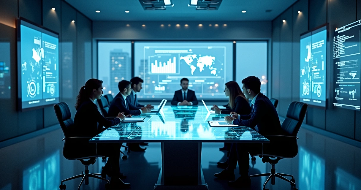 Grupo de executivos analisando dados em telas digitais em sala de reuniões 