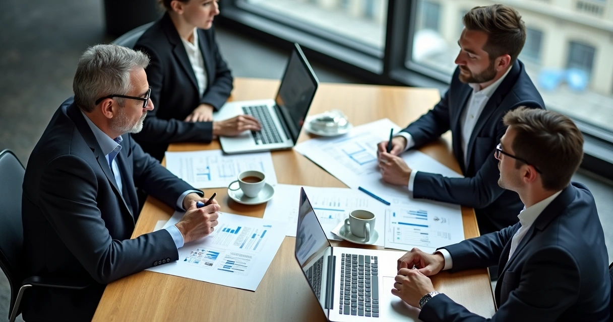 Decisores analisando propostas de venda em reunião B2B 