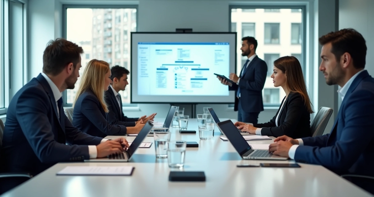 Mesa de reunião com vários decisores discutindo estratégias 