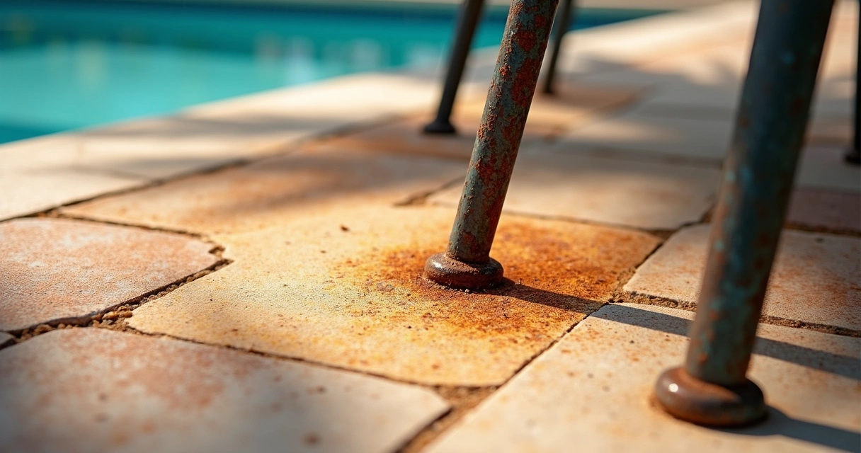 Rust stains underneath metal patio chair legs on a paver pool deck
