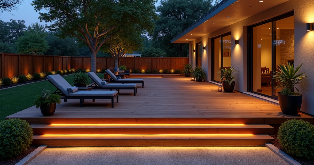 Contemporary wooden deck with soft outdoor lighting
