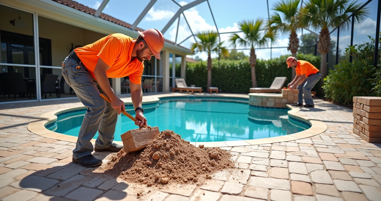 Contractors replacing pool deck pavers with proper base in Orlando 