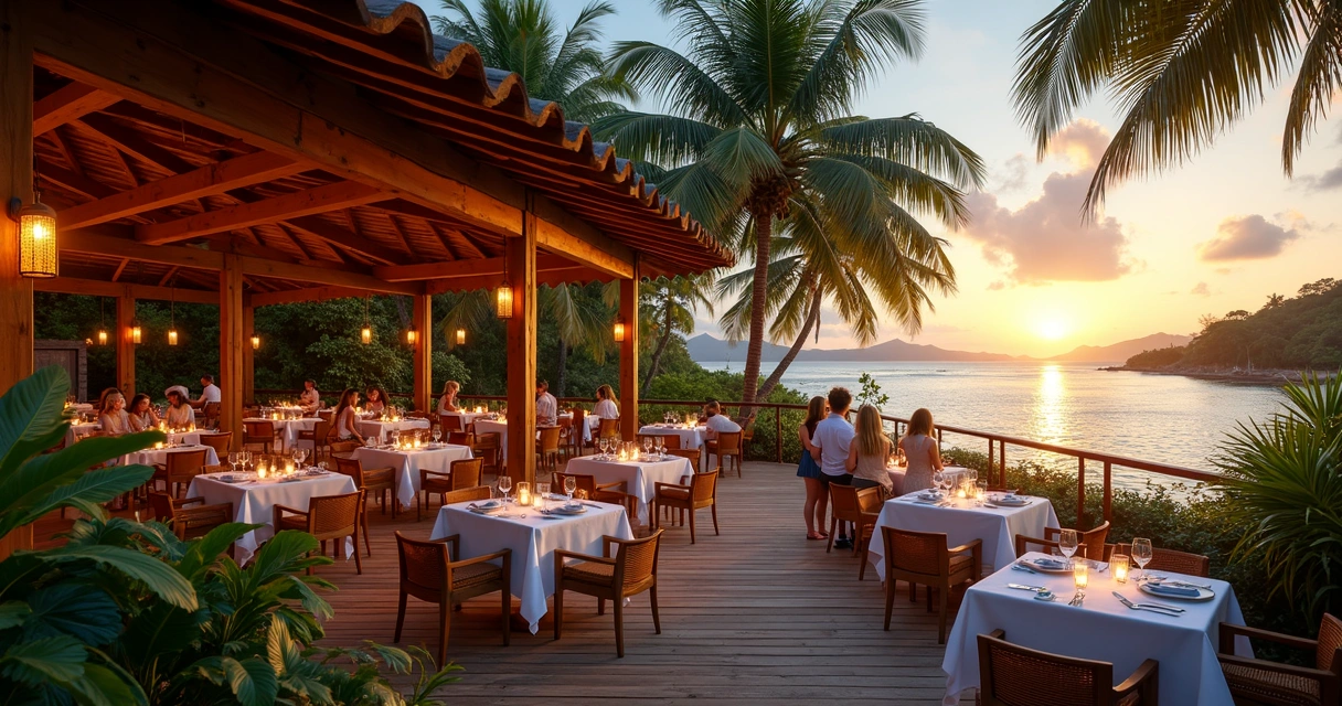 Restaurante de resort com deck em meio à natureza 