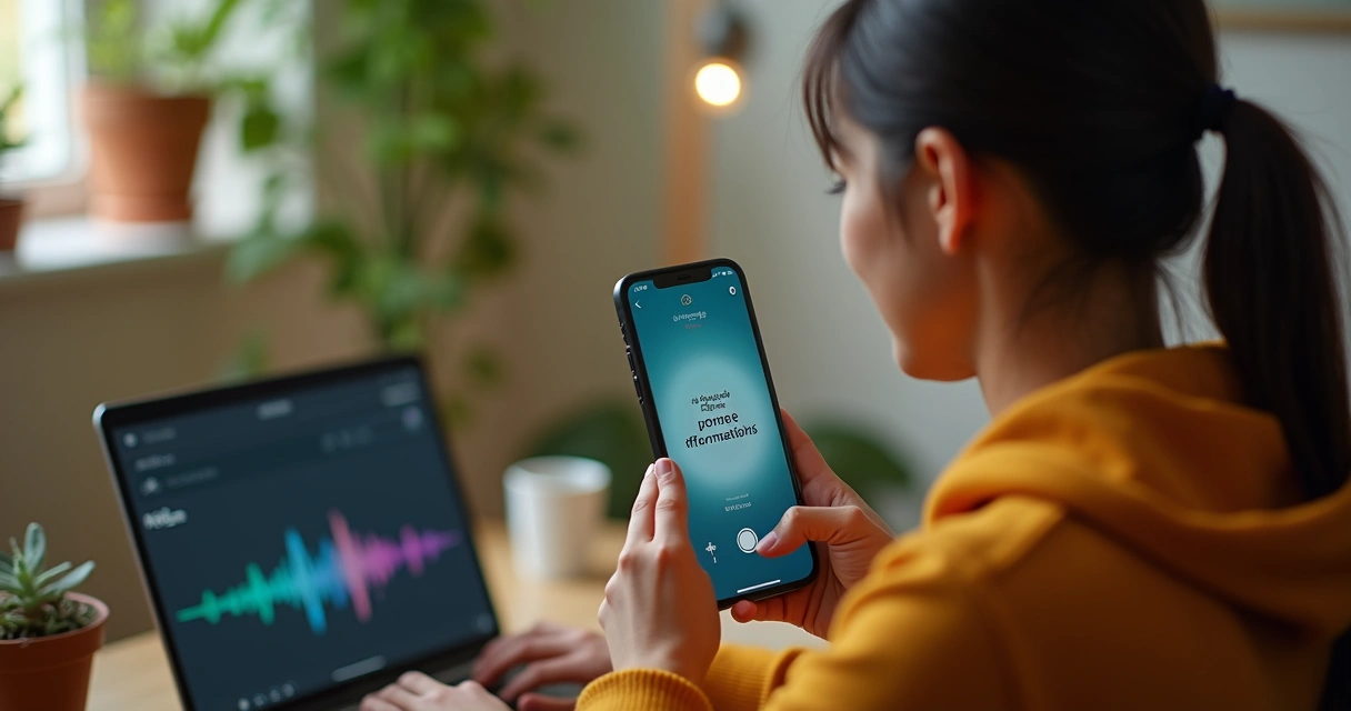 Pessoa gravando afirmação positiva em aplicativo 