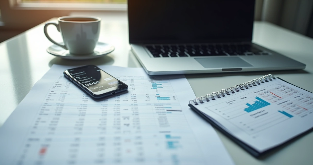 Notebook, documentos e extrato de criptomoedas em uma mesa organizados lado a lado. 