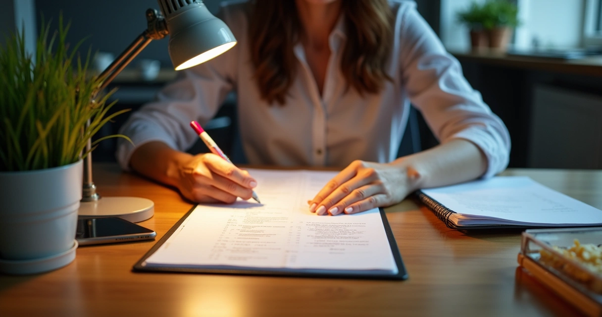 Pessoa organizando recibos e contratos na mesa