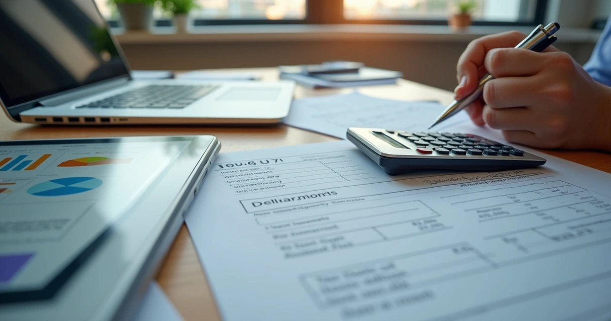 Pessoa preenchendo declaração de imposto de renda no computador com gráficos e documentos ao redor 