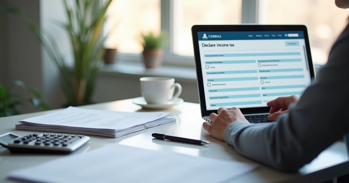 Pessoa fazendo declaração do imposto de renda online no laptop em ambiente de escritório organizado 