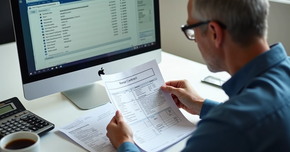 Pessoa conferindo contrato de aluguel, papéis e tela de computador com documentos fiscais