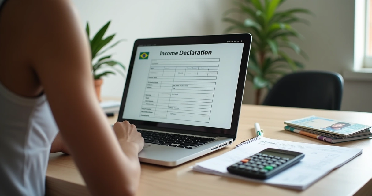 Pessoa preenchendo declaração de renda online ao lado de carteira de motorista brasileira 