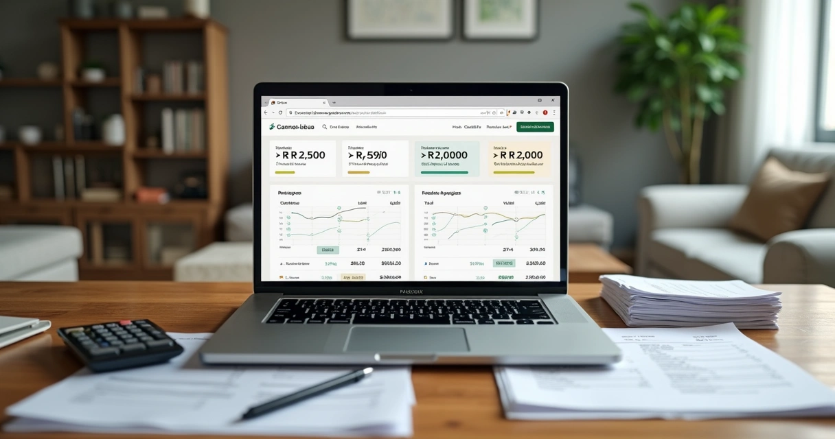 Proprietário organizando rendimentos de aluguel e impostos no notebook com documentos e calculadora 