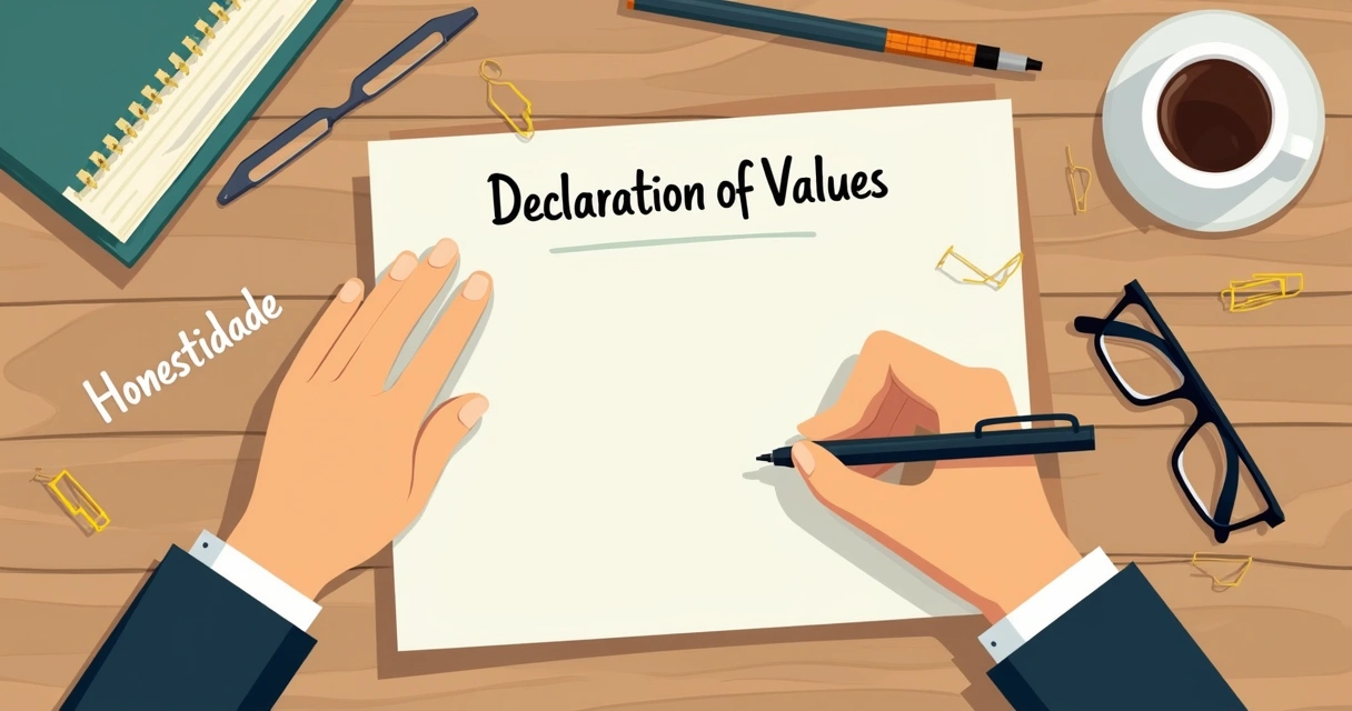 Anotação de declaração de valores em papel sobre mesa com objetos de escritório