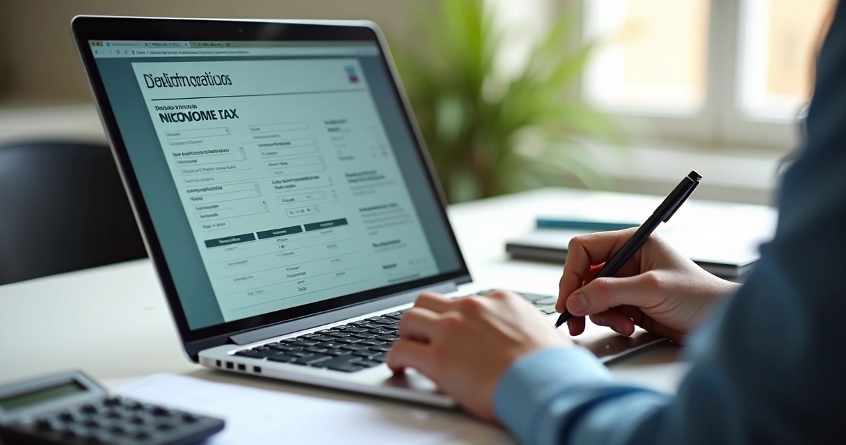 Pessoa preenchendo declaração de imposto de renda em laptop, com documentos e caneta ao lado