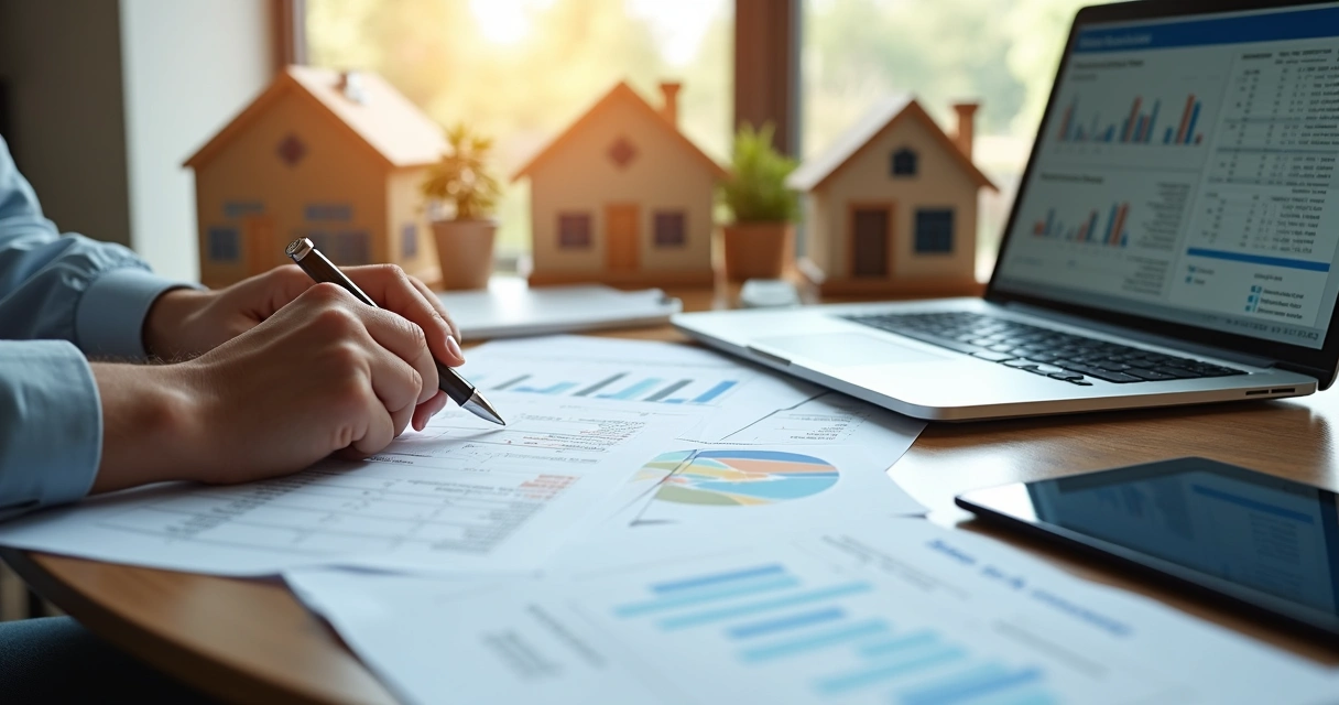 Pessoa analisando documentos com tabela de imposto de renda e imagens de imóveis ao fundo 