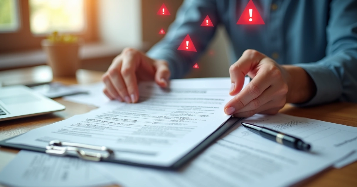Mãos segurando formulário de declaração de plano de saúde com ícones de alerta e documentos ao redor 