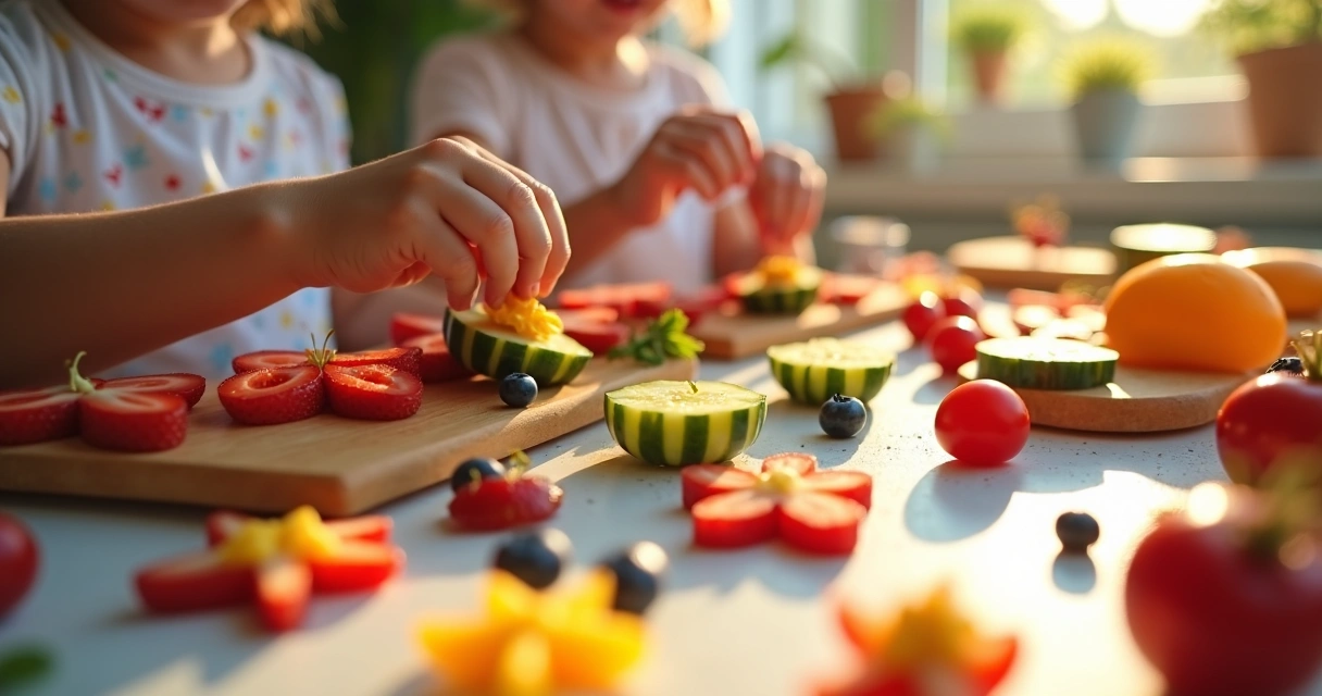 Crianças decorando lanches com frutas e vegetais coloridos 