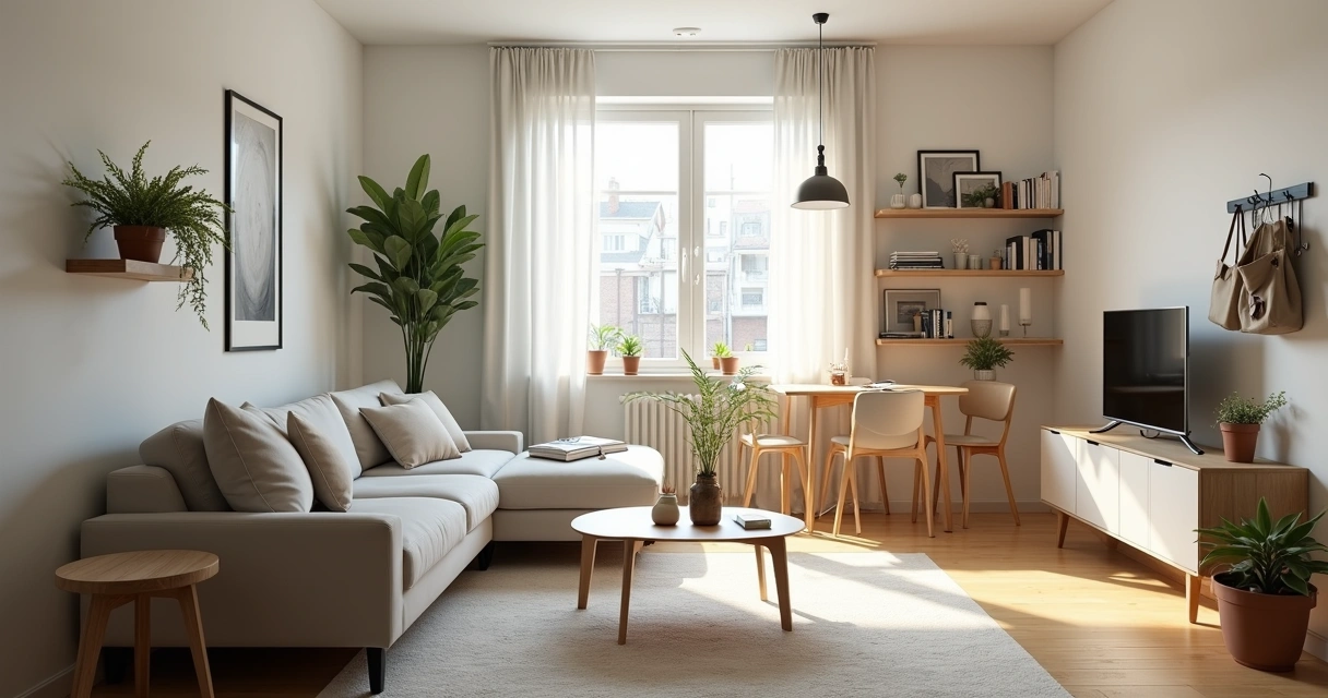 Sala de apartamento pequeno com sofá cinza, mesa retrátil e prateleiras organizadas 