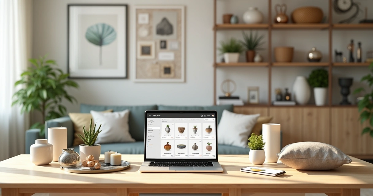 Mesa com objetos de decoração variados e notebook aberto com loja virtual na tela 