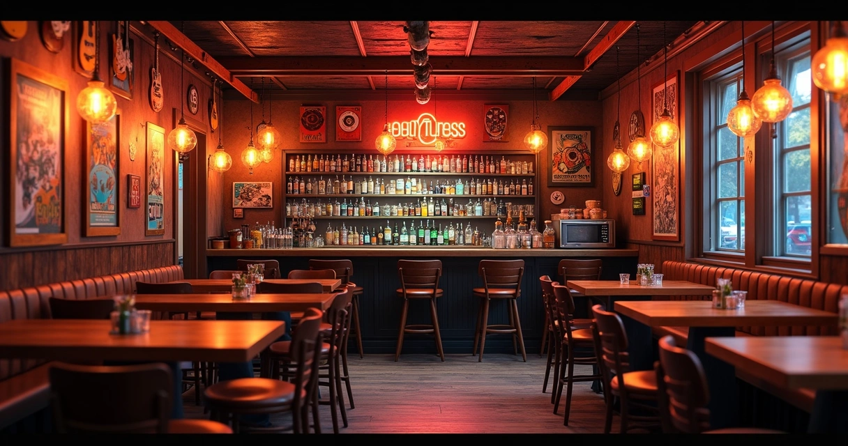 Interior de bar temático com decoração detalhada, iluminação aconchegante e mesas organizadas 